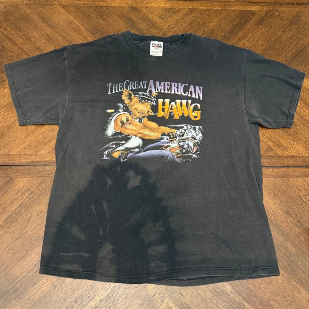 Vintage Tultex The Great American Hawg Biker T-Shirt 2XL Black Freedom Cycles OK